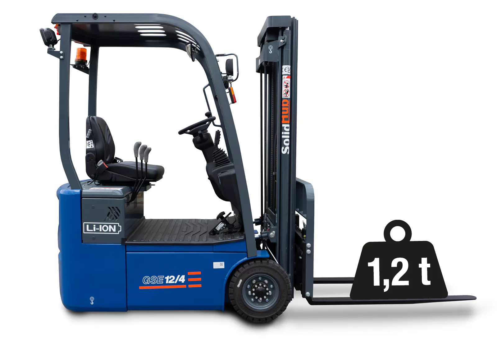 LI-ION Electric Forklift GSE12/4 incl. charger, load capacity 1.200 kg, SolidHub 